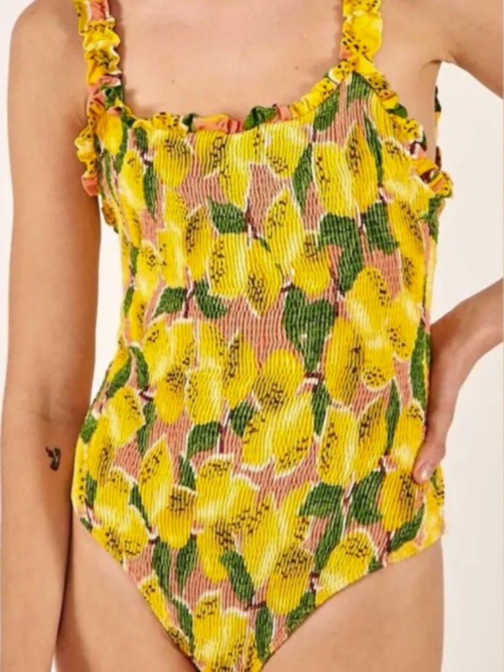 FARM Rio Smocked Lemon Yellow One Piece Swimsuit Size Small